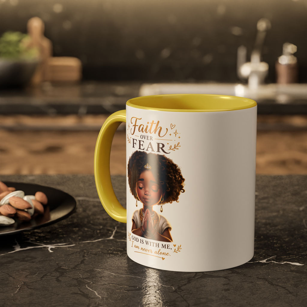 Faith Over Fear Coffee Mug — "God Is With Me" Inspirational Black Girl Ceramic Mug (11oz & 15oz)