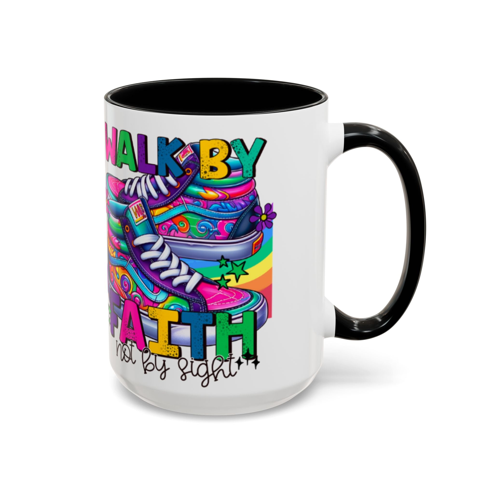 Accent Mug — "Walk by Faith Not by Sight" Colorful Sneakers Christian Coffee Mug