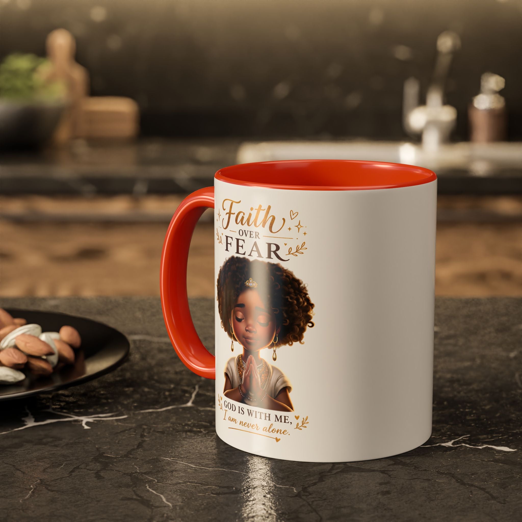 Faith Over Fear Coffee Mug — "God Is With Me" Inspirational Black Girl Ceramic Mug (11oz & 15oz)