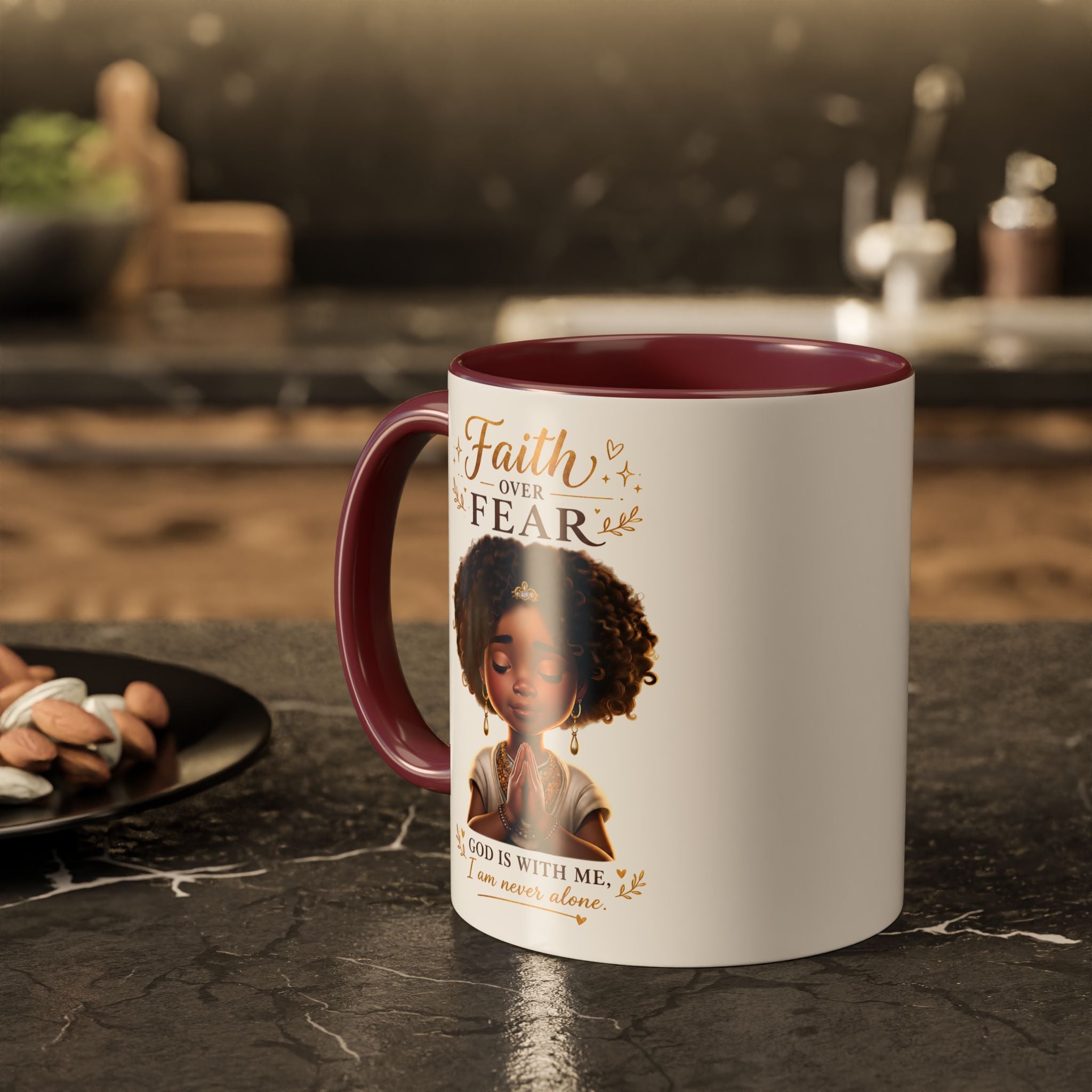 Faith Over Fear Coffee Mug — "God Is With Me" Inspirational Black Girl Ceramic Mug (11oz & 15oz)