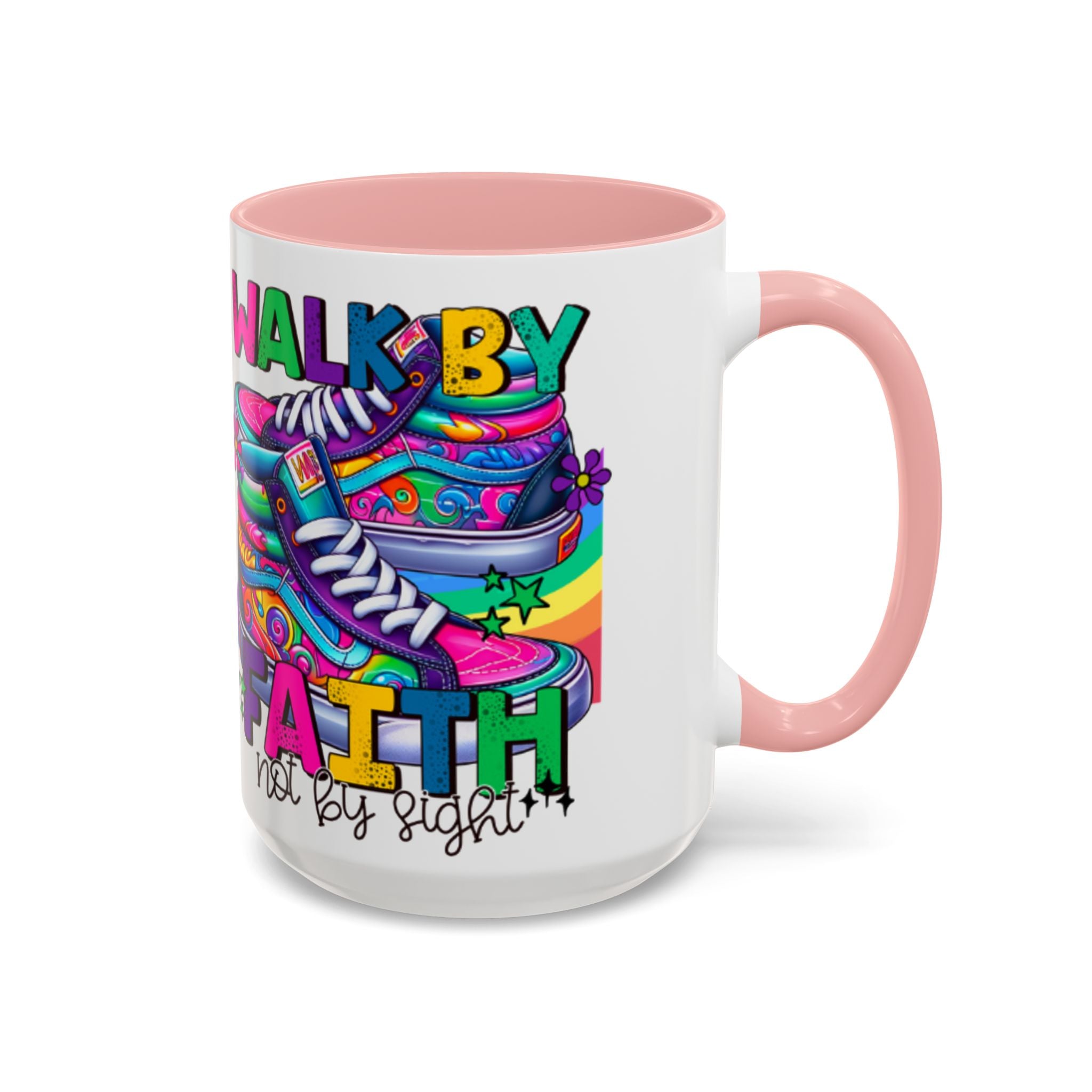 Accent Mug — "Walk by Faith Not by Sight" Colorful Sneakers Christian Coffee Mug