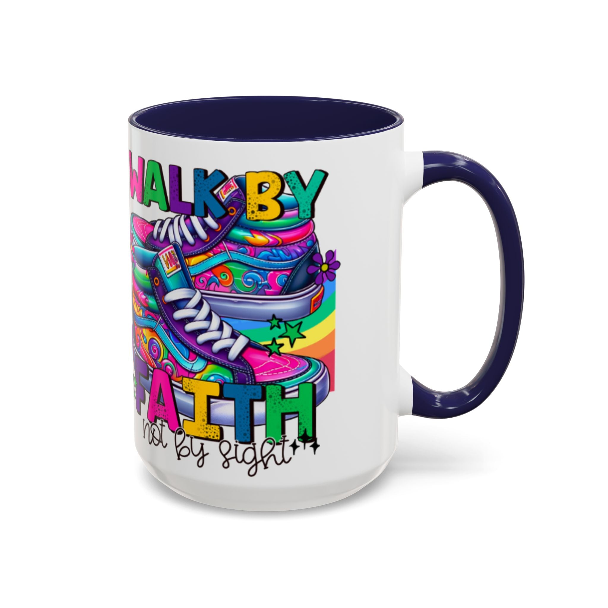 Accent Mug — "Walk by Faith Not by Sight" Colorful Sneakers Christian Coffee Mug