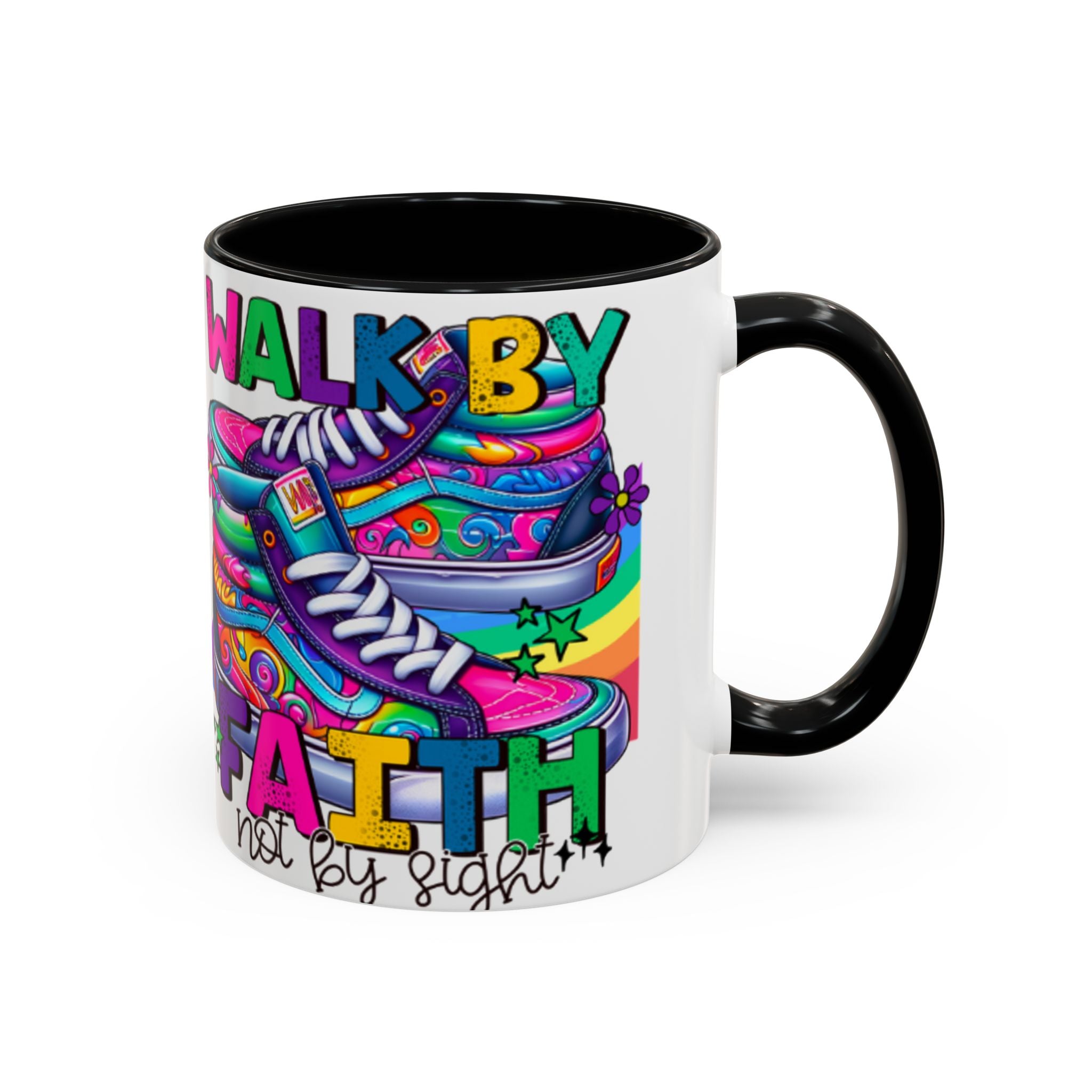 Accent Mug — "Walk by Faith Not by Sight" Colorful Sneakers Christian Coffee Mug