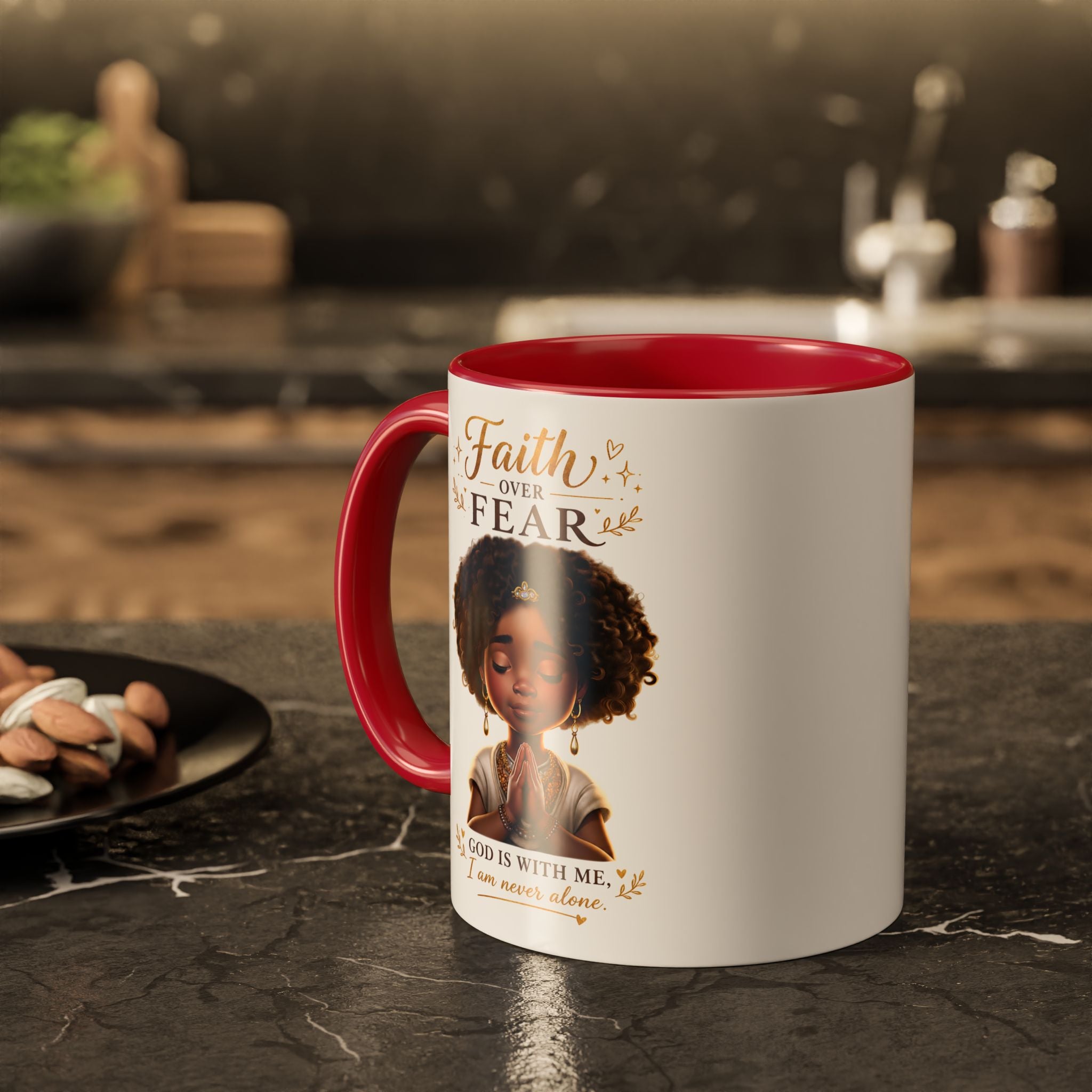 Faith Over Fear Coffee Mug — "God Is With Me" Inspirational Black Girl Ceramic Mug (11oz & 15oz)