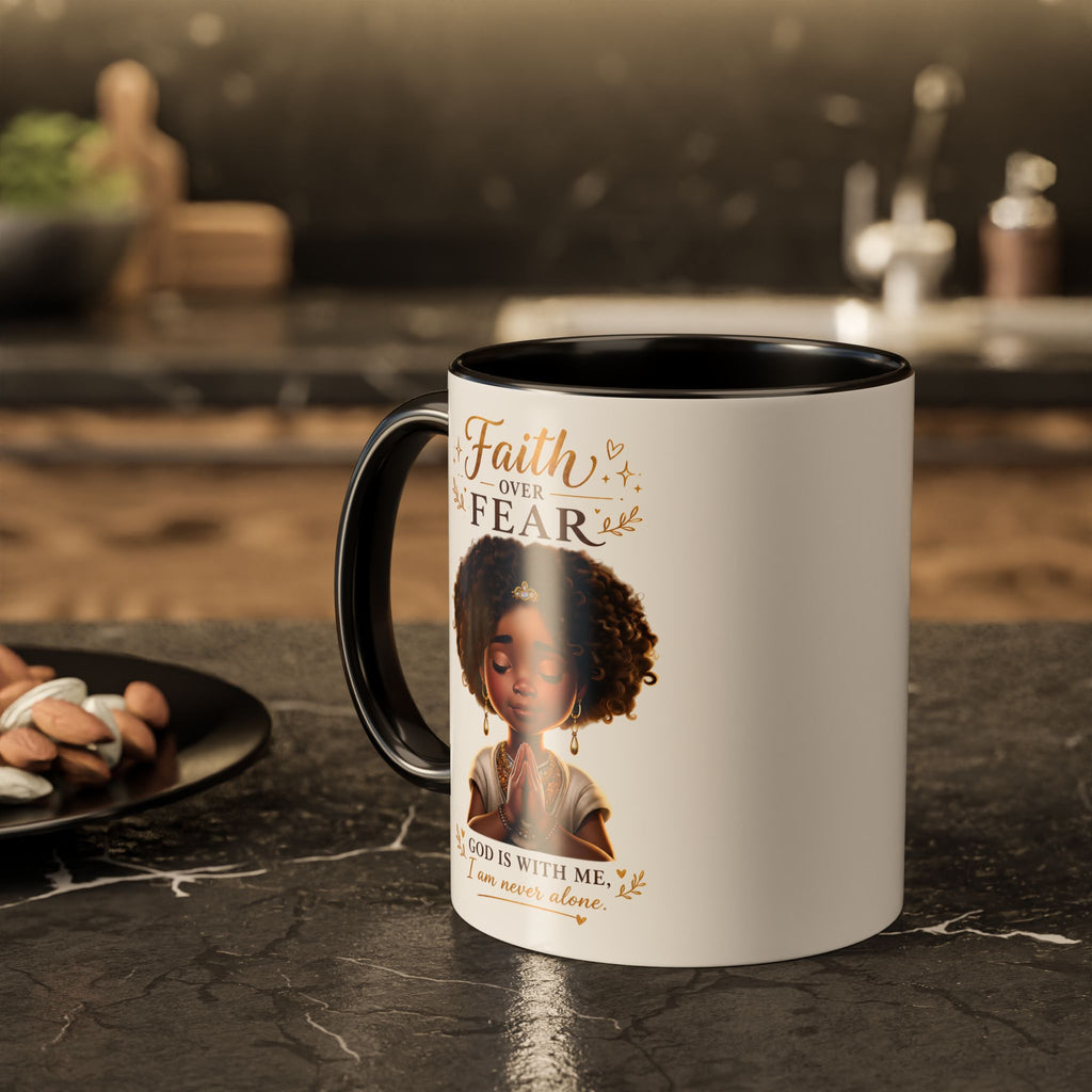 Faith Over Fear Coffee Mug — "God Is With Me" Inspirational Black Girl Ceramic Mug (11oz & 15oz)