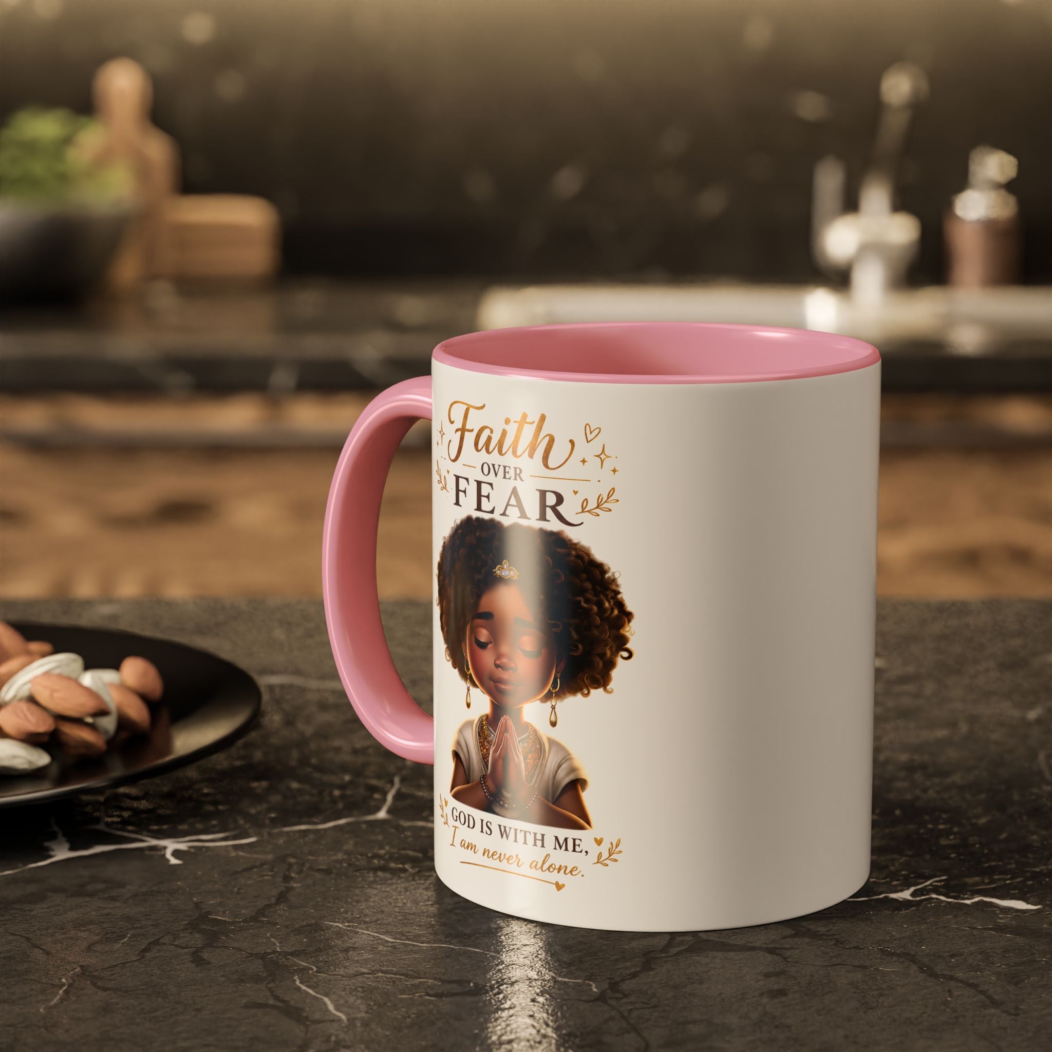 Faith Over Fear Coffee Mug — "God Is With Me" Inspirational Black Girl Ceramic Mug (11oz & 15oz)