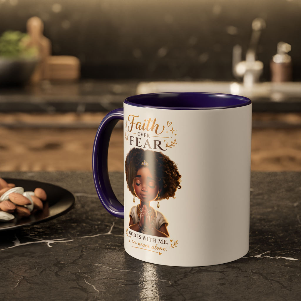 Faith Over Fear Coffee Mug — "God Is With Me" Inspirational Black Girl Ceramic Mug (11oz & 15oz)