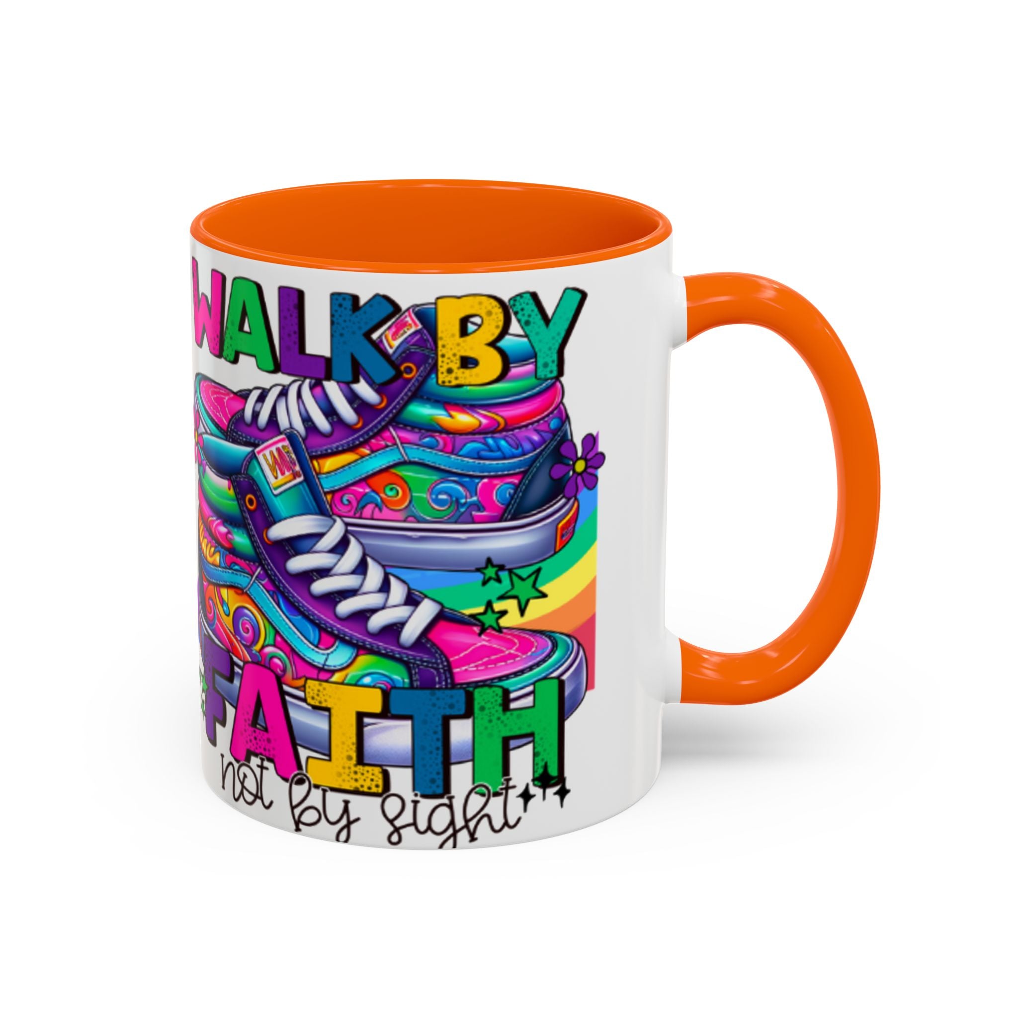 Accent Mug — "Walk by Faith Not by Sight" Colorful Sneakers Christian Coffee Mug