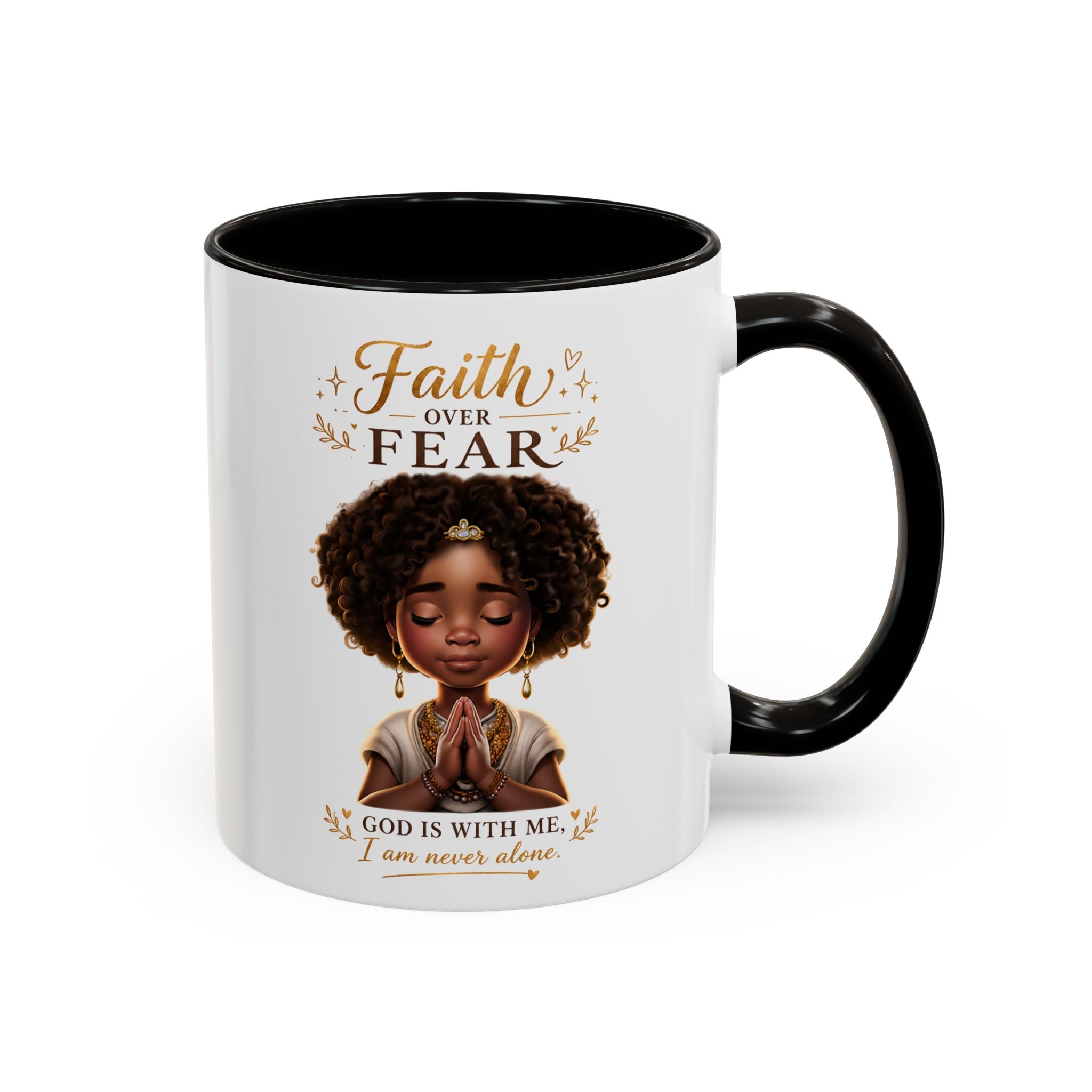 Faith Over Fear Coffee Mug — "God Is With Me" Inspirational Black Girl Ceramic Mug (11oz & 15oz)