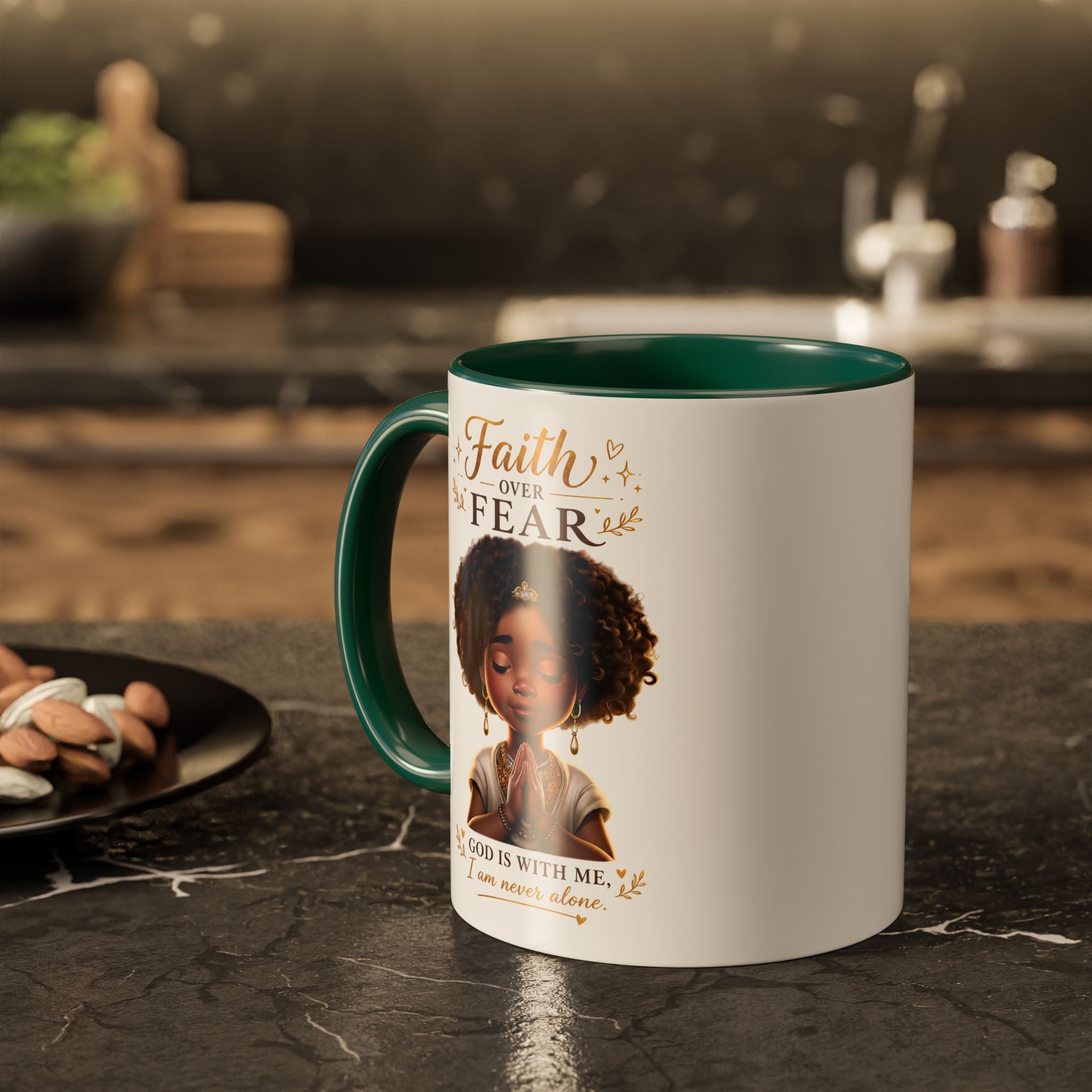 Faith Over Fear Coffee Mug — "God Is With Me" Inspirational Black Girl Ceramic Mug (11oz & 15oz)