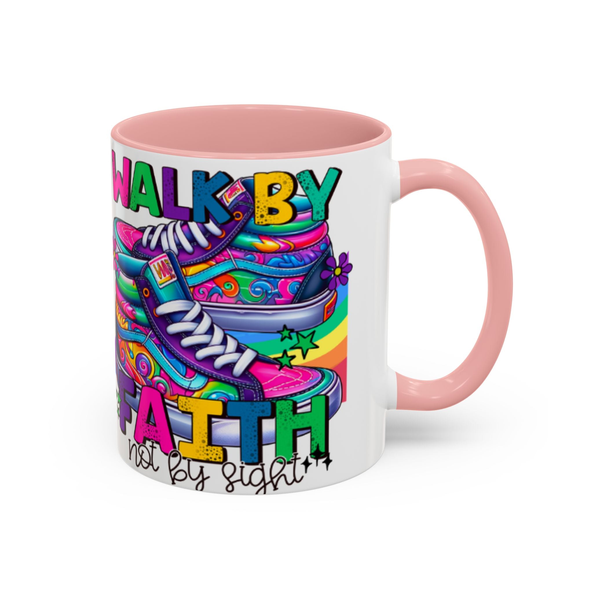 Accent Mug — "Walk by Faith Not by Sight" Colorful Sneakers Christian Coffee Mug
