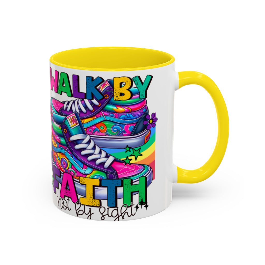 Accent Mug — "Walk by Faith Not by Sight" Colorful Sneakers Christian Coffee Mug