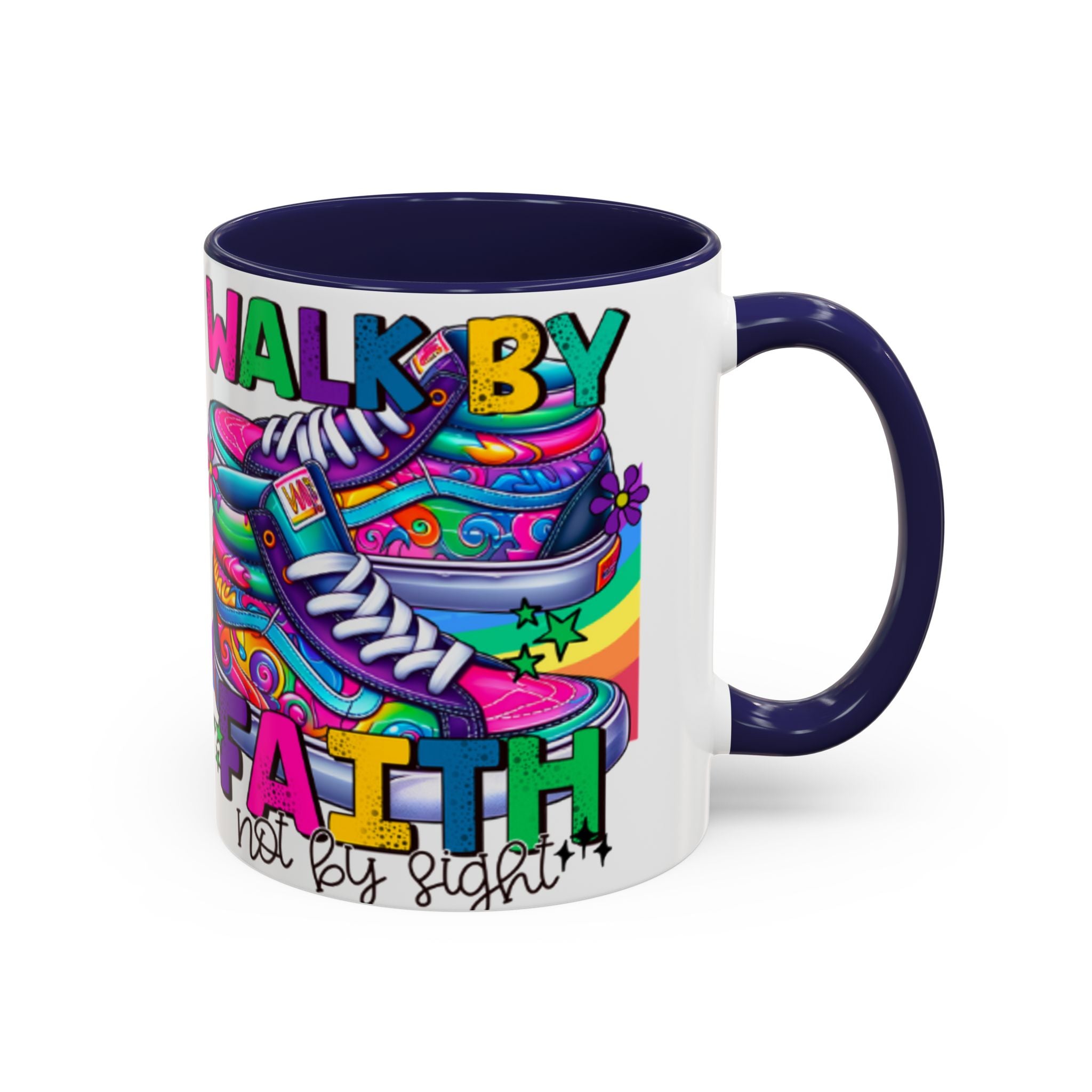 Accent Mug — "Walk by Faith Not by Sight" Colorful Sneakers Christian Coffee Mug