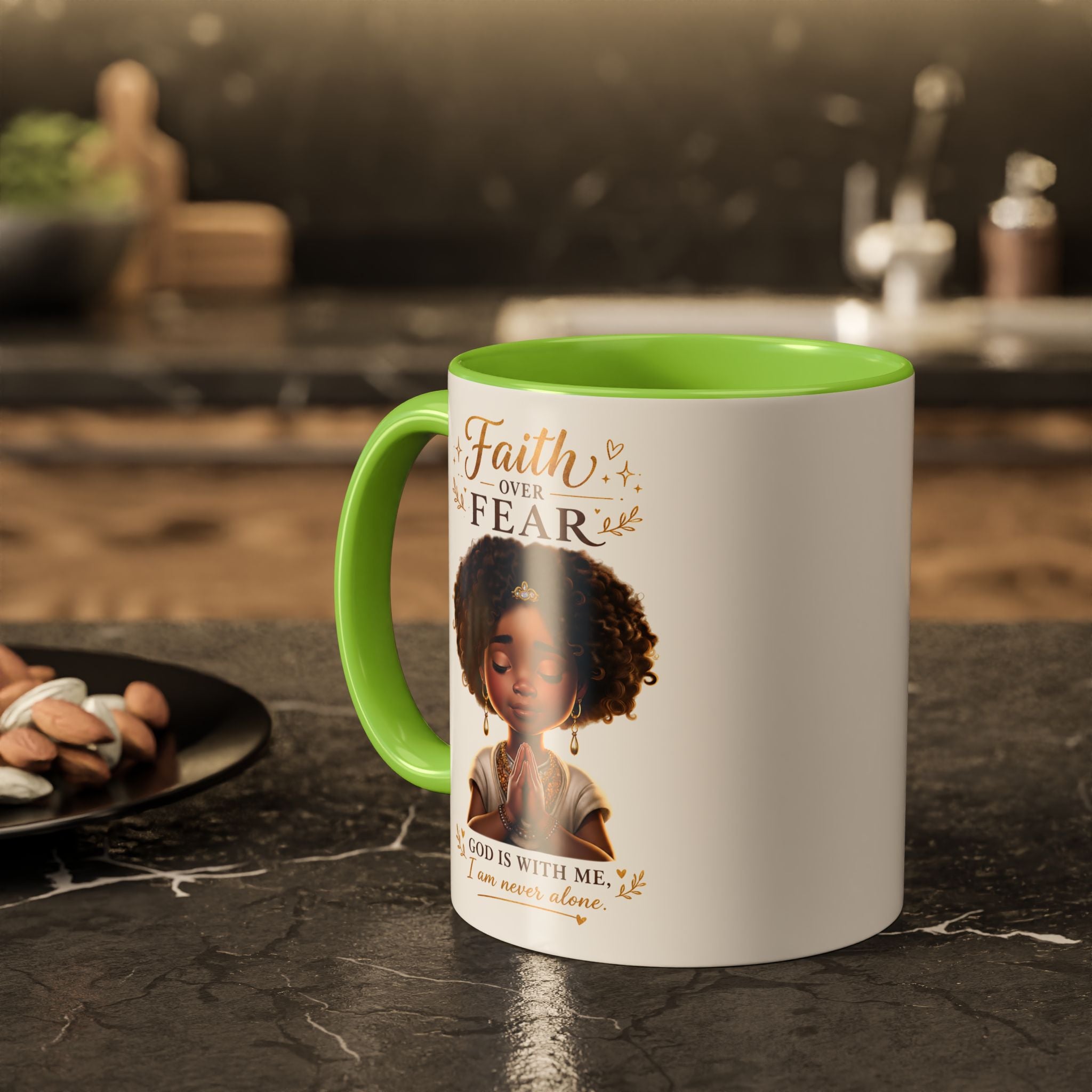 Faith Over Fear Coffee Mug — "God Is With Me" Inspirational Black Girl Ceramic Mug (11oz & 15oz)