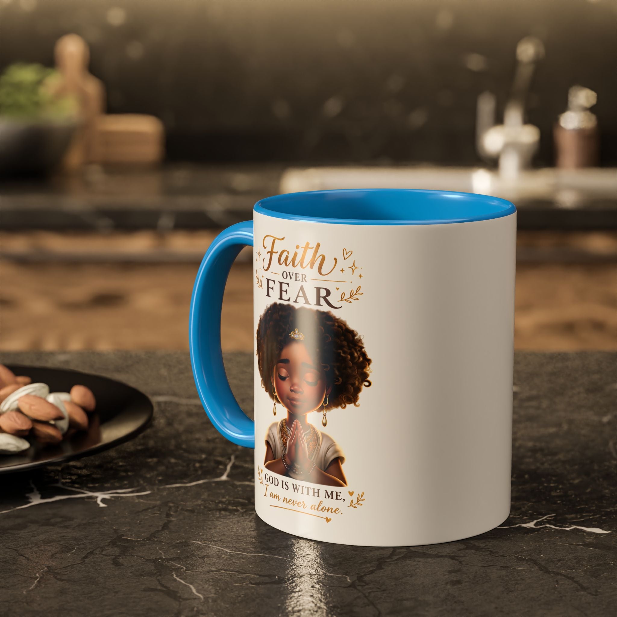 Faith Over Fear Coffee Mug — "God Is With Me" Inspirational Black Girl Ceramic Mug (11oz & 15oz)
