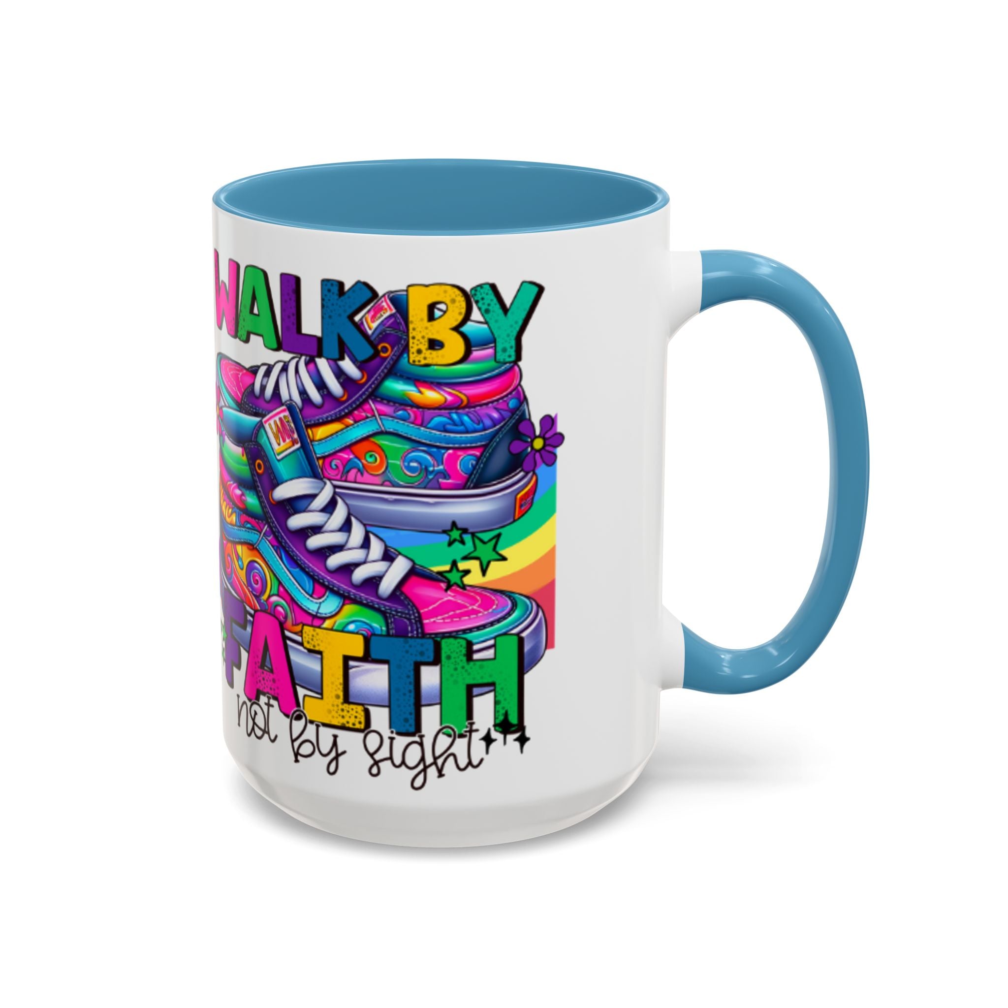 Accent Mug — "Walk by Faith Not by Sight" Colorful Sneakers Christian Coffee Mug