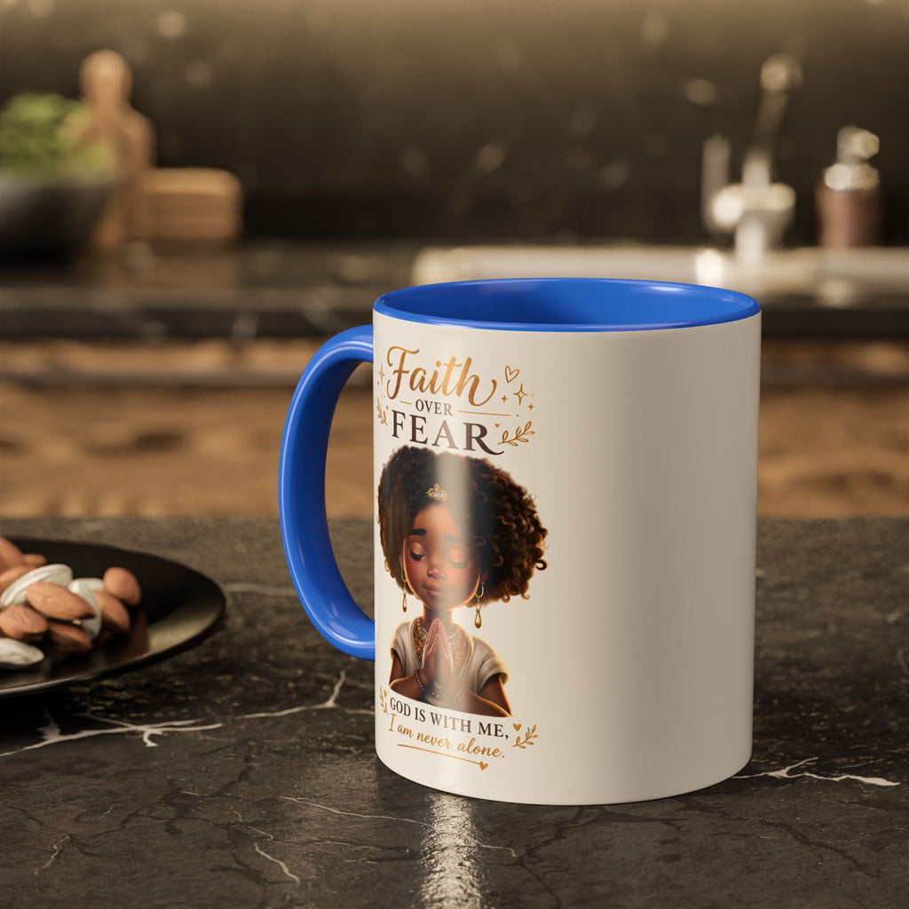 Faith Over Fear Coffee Mug — "God Is With Me" Inspirational Black Girl Ceramic Mug (11oz & 15oz)