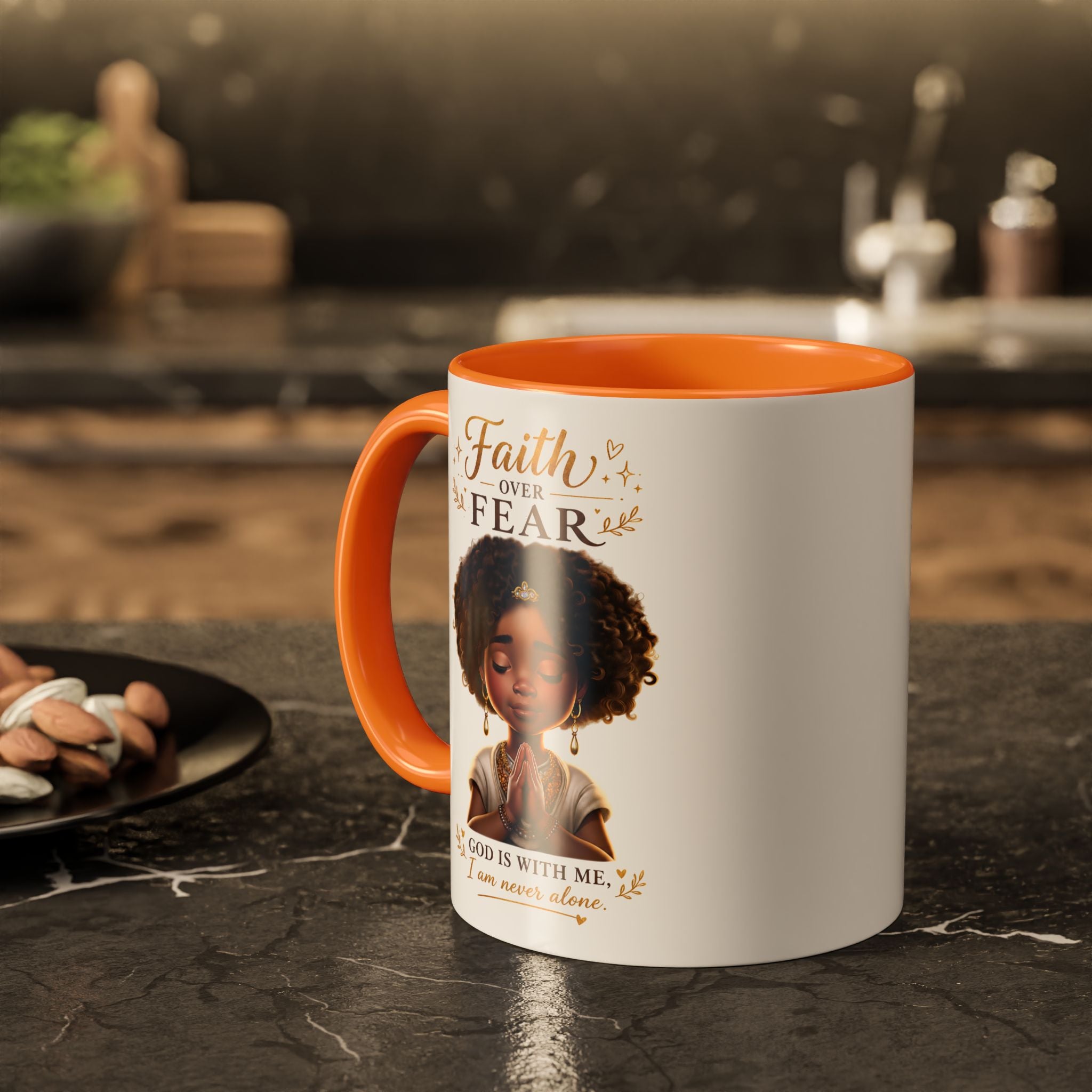 Faith Over Fear Coffee Mug — "God Is With Me" Inspirational Black Girl Ceramic Mug (11oz & 15oz)